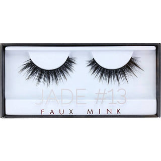 Pair of false eyelashes in a box labeled 'Jade #13 Faux Mink' on a white background.