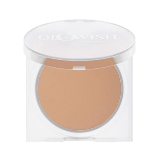 Compact powder in a white case with a visible brand name on a white background