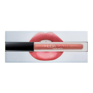 Huda Beauty liquid matte lip product with a pink lip design on the packaging.