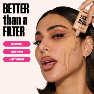 Woman applying a cosmetic product to her face with text highlighting features.