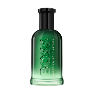 Green perfume bottle with black cap on a white background