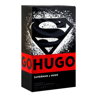 Superman x Hugo perfume packaging with black and red design