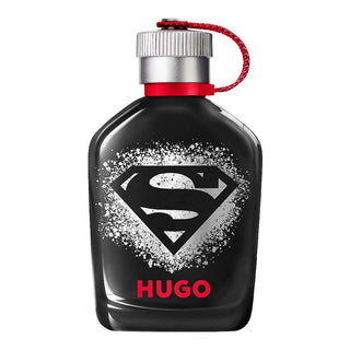 Black Hugo perfume bottle with Superman logo on a white background