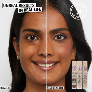 Comparison of a woman's face with and without makeup, featuring Reto Cosmetics products.