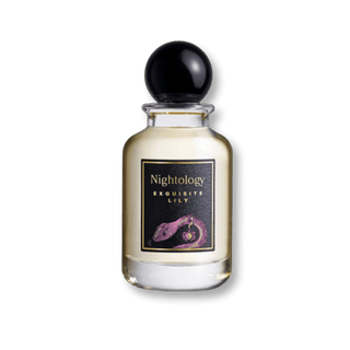 Perfume bottle labeled 'Nightology Exquisite Lily' on a transparent background