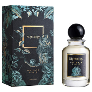Perfume bottle and packaging of Nightology Intimate Elixir with owl design.