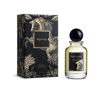Nightology perfume bottle and packaging with a horse design on a white background