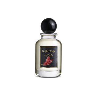 Perfume bottle with black cap and 'Nightology' label on a white background