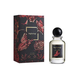 Perfume bottle and packaging with 'Nightology' branding on a white background