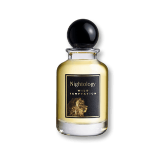 Perfume bottle labeled 'Nightiology Wild Temptation' on a transparent background