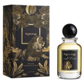 Nightology Wild Temptation perfume bottle and packaging with a lion design.