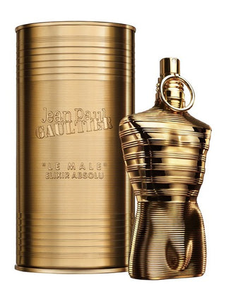 Gold perfume bottle and packaging with 'Jean Paul Gaultier Le Male Elixir Absolu' text on a white background