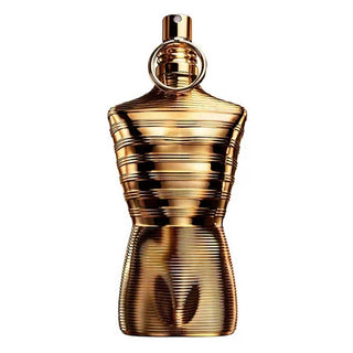 Gold perfume bottle with a white background