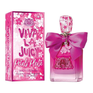 Juicy Couture Viva La Juicy Petals Pleas perfume bottle and packaging with pink floral design.