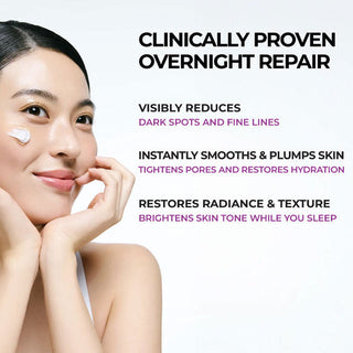 Woman with a skincare product on her face, with text about clinically proven overnight repair.