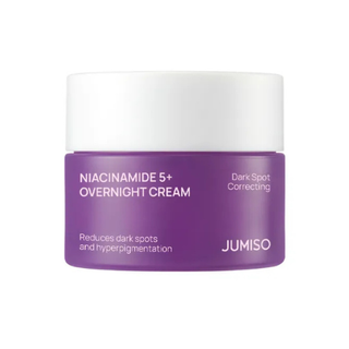 Purple jar of Jumiso Niacinamide 5+ Overnight Cream on a white background