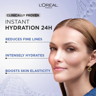 L'Oreal Paris advertisement for instant hydration with a woman's face and product benefits.