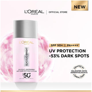 L'Oreal Paris skincare product with UV protection and dark spot reduction claims on a white background.