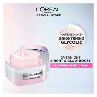 L'Oreal Paris Glycolic-Bright Glowing Night Cream packaging on a light gradient background