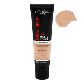 L'Oreal Infallible 32H Matte Cover foundation tube with beige color swatch on a white background