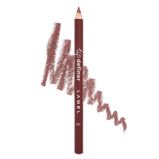 Lamel lip definer pencil with swatches on a white background