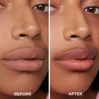Before and after comparison of a woman's lips with a close-up view.