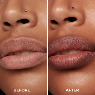 Before and after comparison of lips with a visible makeup product application.