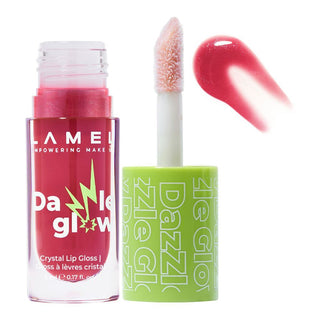 LAMEL crystal lip gloss with a green cap and pink lip gloss on a white background