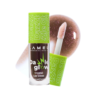 Crystal lip gloss with applicator and green packaging on a white background