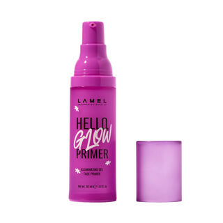 Pink 'Hello Glow Primer' bottle with cap on a white background