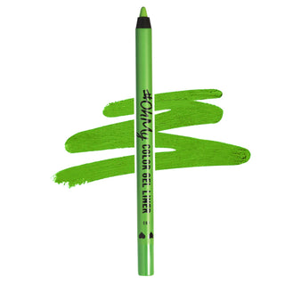Green eyeliner pencil with smudges on a white background