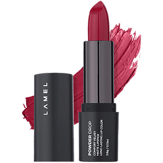 Lamel lipstick with black casing and red lipstick swatch on a white background