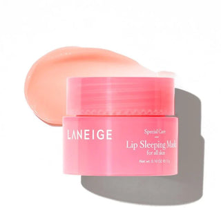 Laneige lip sleeping mask with a swatch of pink color on a white background