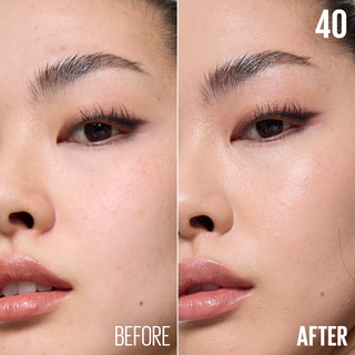 Before and after comparison of a woman's face with close-up on eye area.