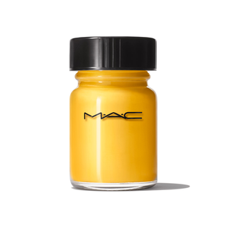 Yellow MAC jar with black lid on a white background