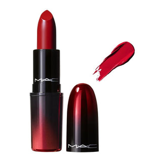 MAC red lipstick with packaging and swatch on a white background
