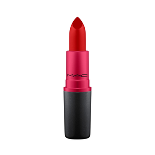 Red lipstick with black cap on a white background
