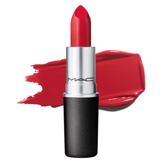 MAC red lipstick with black casing on a white background