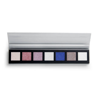 Makeup palette with six different colored shades on a white background
