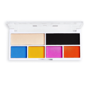 Makeup palette with six colorful swatches on a white background