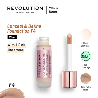 Revolution Conceal & Define Foundation F4 with packaging and applicator on a white background