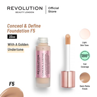 Revolution Conceal & Define Foundation F5 with applicator on a white background