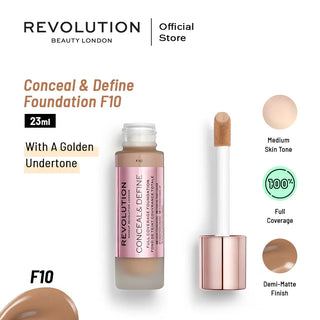 Revolution Conceal & Define Foundation F10 with packaging and applicator on a white background