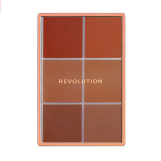 Makeup palette with six brown shades and 'Revolution' branding on a white background