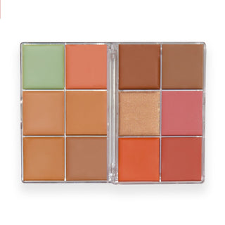 Makeup palette with various colors on a white background