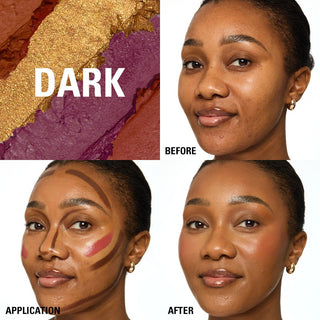 Before and after makeup application on a woman's face with color swatches labeled 'Dark'.