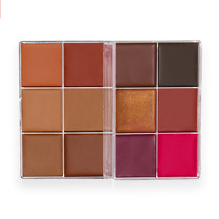 Makeup palette with various shades of brown, red, and pink on a white background