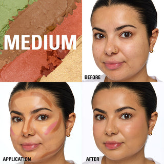 Before and after makeup application on a woman's face with color swatches labeled 'Medium'.