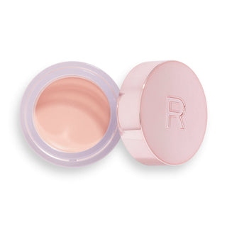 Pink cosmetic container with a lid featuring a letter 'R' on a white background