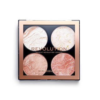 Makeup Revolution palette with four different shades of blush on a white background